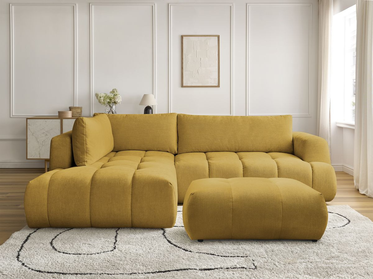 Bobochic Fuji Ecksofa mit Schlaffunktion und Bettkasten und Pouf 282 × 204 cm Stoff Gelb Ecke links