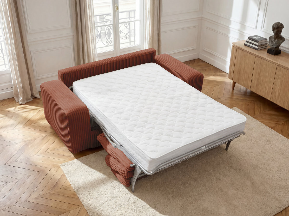 Bobochic Ibiza Schlafsofa 3-Sitzer Cordsamt Orange, Liegefläche 140 × 196 cm