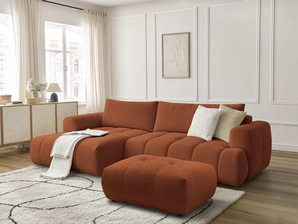 Bobochic Fuji Ecksofa mit Schlaffunktion und Bettkasten und Pouf 292 × 160 cm Stoff Orange Ecke links