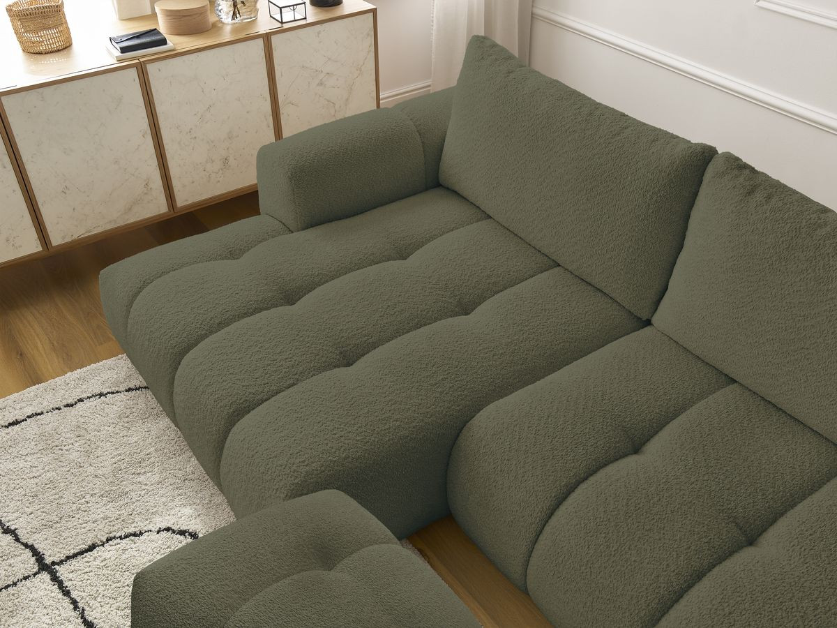 Bobochic Fuji Ecksofa mit Schlaffunktion und Bettkasten und Pouf 292 × 160 cm Bouclé-Stoff Grün Ecke links