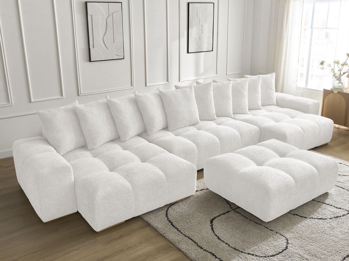 Bobochic Anakin Wohnlandschaft mit Pouf, 10 Kissen Bouclé-Stoff Weiß