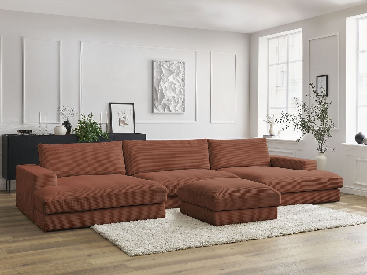 Bobochic Leonard Wohnlandschaft mit Pouf 349 × 159 cm Cordsamt Orange