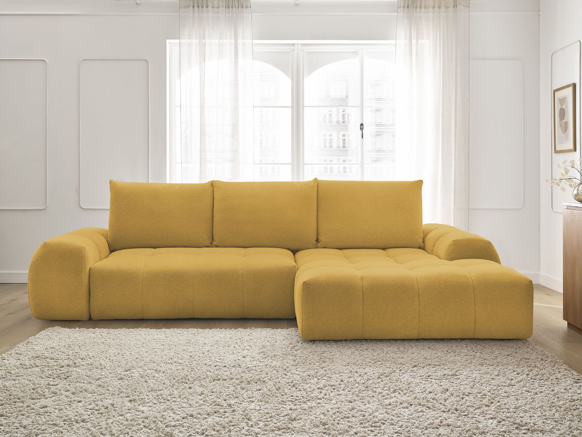 Bobochic Everest Ecksofa mit Schlaffunktion und Bettkasten 318 × 180 cm, 3 Kissen Melange-Stoff Gelb Ecke rechts