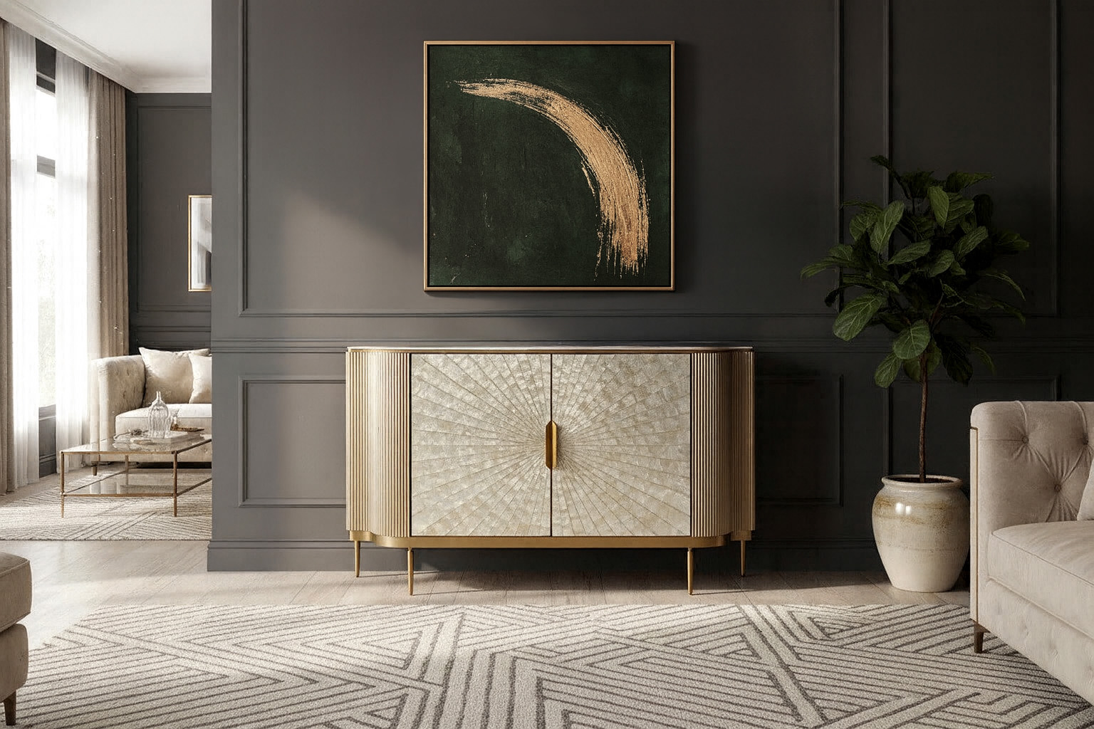 Livin Hill Sideboard Stilig 150 cm Champagnergold, Platte Weiß
