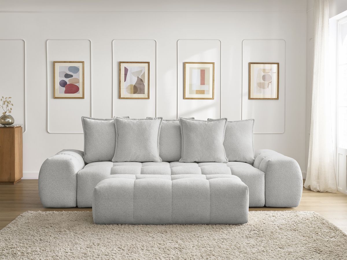 Bobochic Everest Schlafsofa 3-Sitzer mit Bettkasten und Pouf, 5 Kissen Melange-Stoff Hellgrau