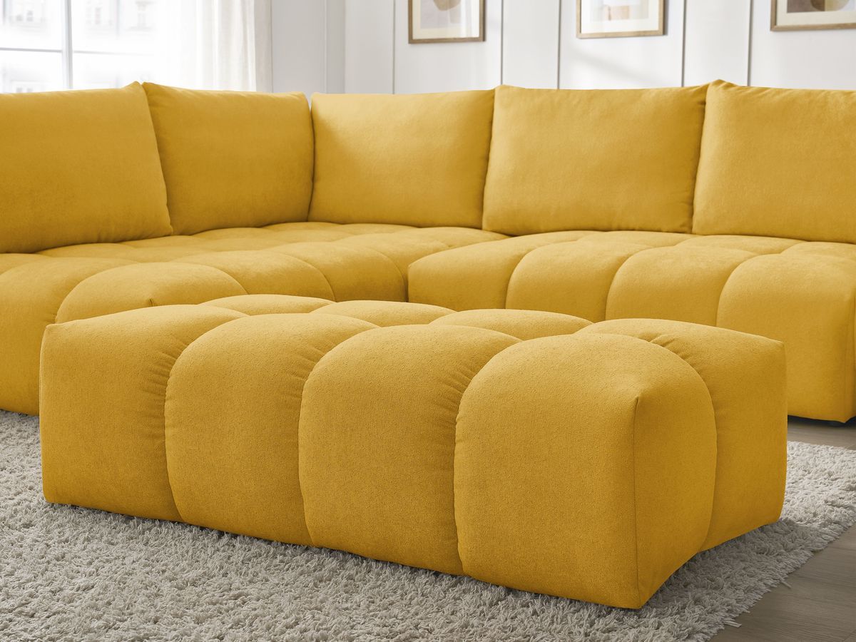 Bobochic Everest Ecksofa mit Schlaffunktion und Bettkasten und Pouf 320 × 212 cm, 5 Kissen Strukturstoff Gelb Ecke links