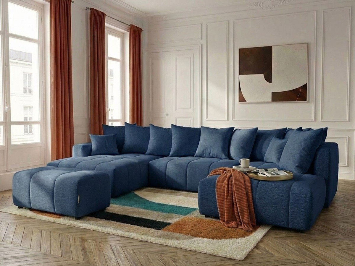 Bobochic Roxelane Wohnlandschaft mit Pouf Melange-Stoff Dunkelblau Ecke links
