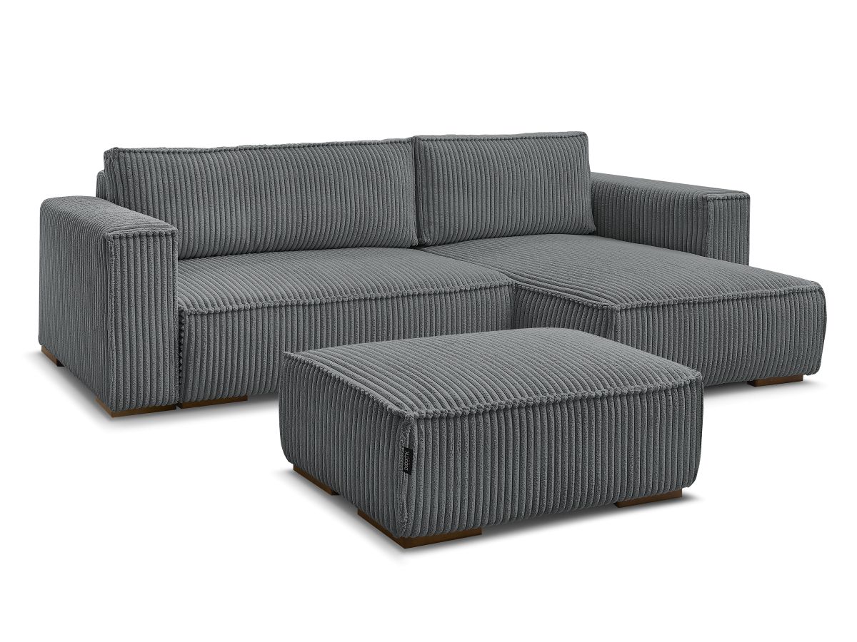 Bobochic Chelsea Ecksofa mit Schlaffunktion und Bettkasten und Pouf Breitcord weich Dunkelgrau
