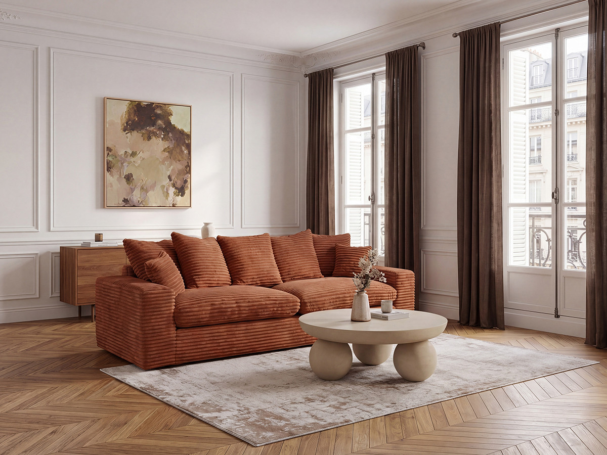 Bobochic Nevada Sofa 3-Sitzer 260 × 97 cm Breitcord weich Orange