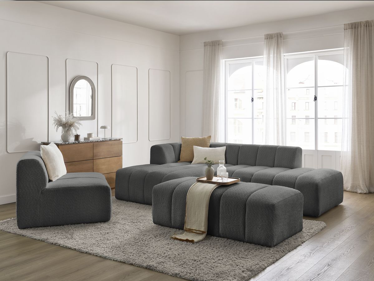 Bobochic Annecy Ecksofa mit Sofamodul und Pouf Bouclé-Stoff Dunkelgrau Ecke links