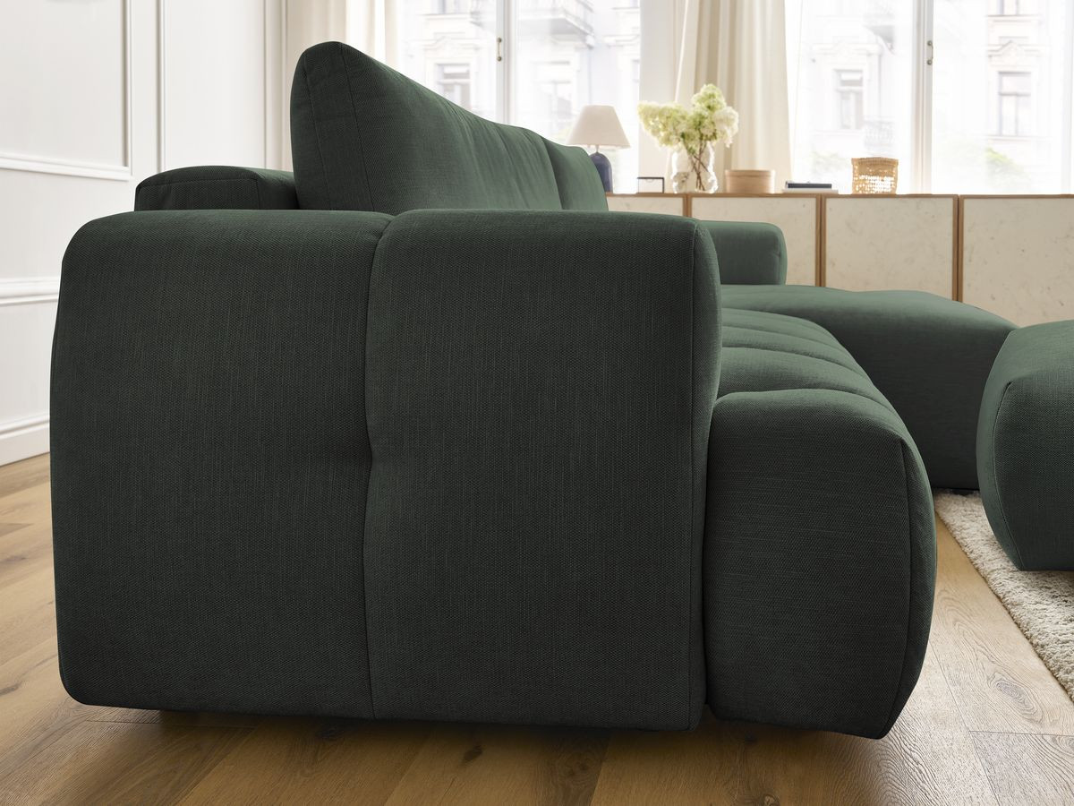 Bobochic Fuji Ecksofa mit Schlaffunktion und Bettkasten und Pouf 292 × 160 cm Stoff Grün Ecke rechts