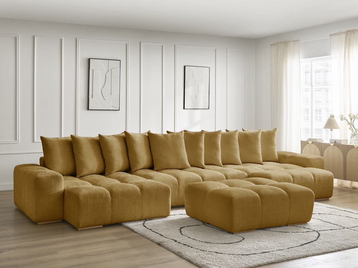 Bobochic Anakin Wohnlandschaft mit Pouf, Liegefläche 137 × 382 cm, 10 Kissen Strukturstoff Gelb