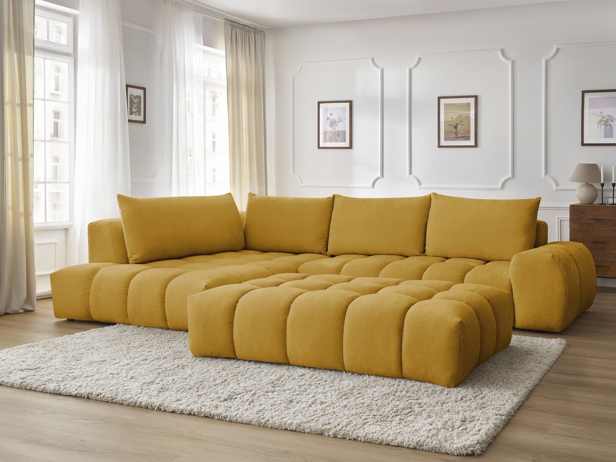 Bobochic Everest Ecksofa mit Schlaffunktion und Pouf, 4 Kissen Strukturstoff Gelb Ecke links