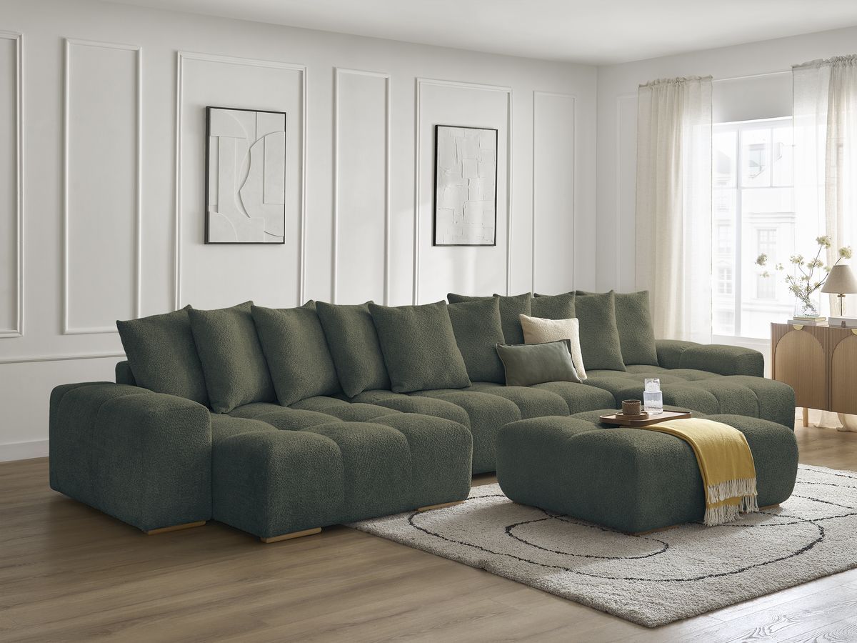 Bobochic Anakin Wohnlandschaft mit Pouf, 10 Kissen Bouclé-Stoff Grün