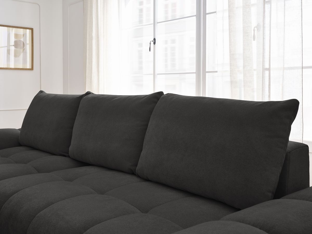 Bobochic Everest Ecksofa mit Schlaffunktion und Bettkasten 318 × 180 cm, 3 Kissen Strukturstoff Schwarz Ecke links