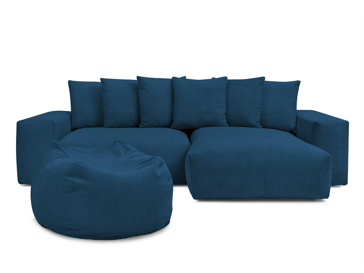 Bobochic Voltaire Ecksofa mit Pouf 310 × 174 cm Cordsamt Dunkelblau