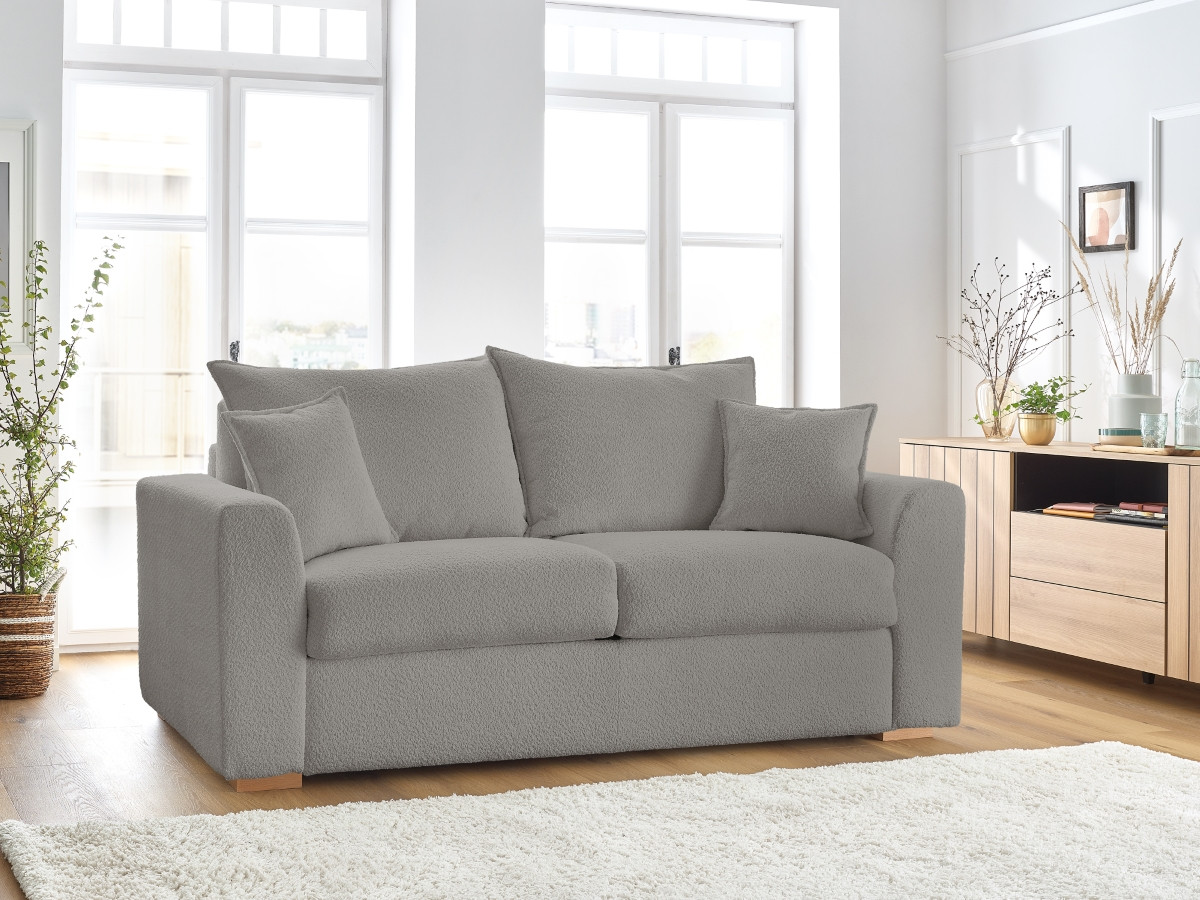 Bobochic Augustin Schlafsofa 3-Sitzer Bouclé-Stoff Hellgrau, Liegefläche 140 × 200 cm