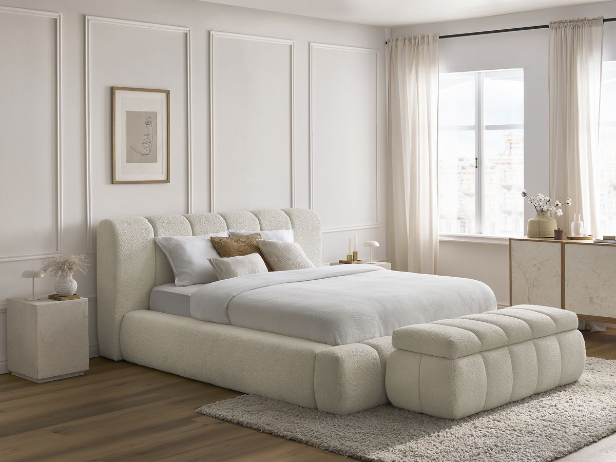 Bobochic Denali Polsterbett mit Bettkasten mit Bettbank Bouclé-Stoff Weiß, Liegefläche 180 × 200 cm
