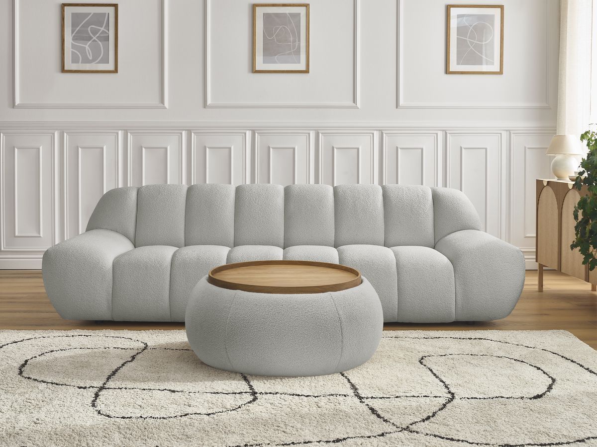 Bobochic Hayden Sofa 3-Sitzer mit Pouf 256 × 107 cm Bouclé-Stoff Hellgrau