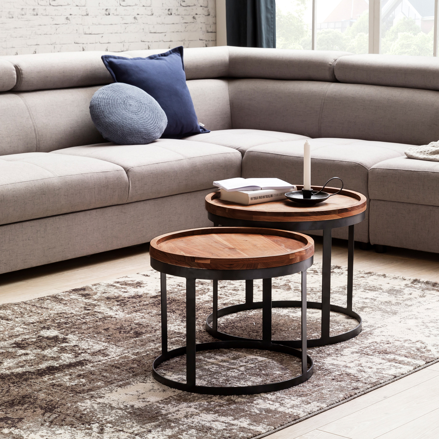 Satztisch 2er-Set Alden Massivholz Dunkelbraun Ø 53 cm