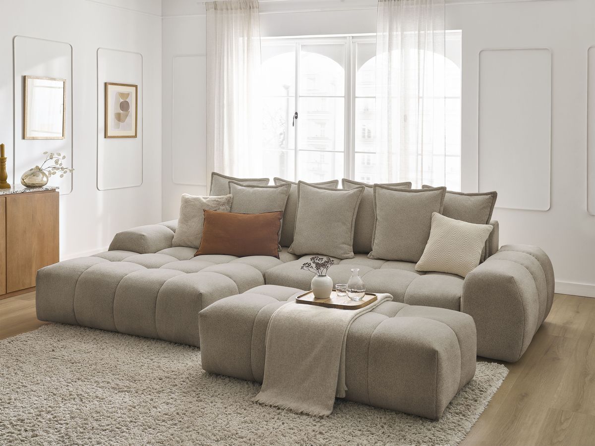 Bobochic Everest Ecksofa mit Schlaffunktion und Bettkasten und Pouf 318 × 180 cm, 7 Kissen Melange-Stoff Taupe Ecke links