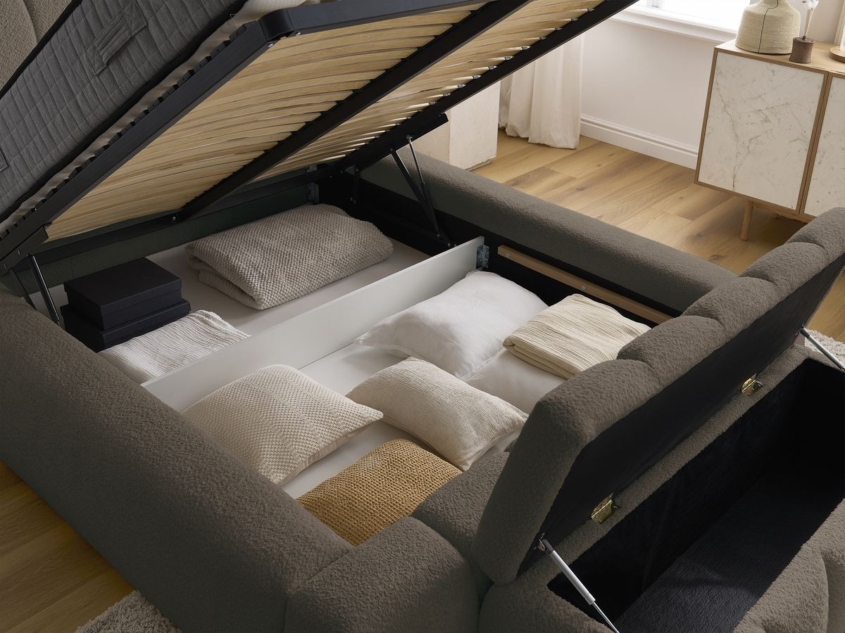 Bobochic Denali Polsterbett mit Bettkasten mit Bettbank Bouclé-Stoff Braun, Liegefläche 140 × 190 cm