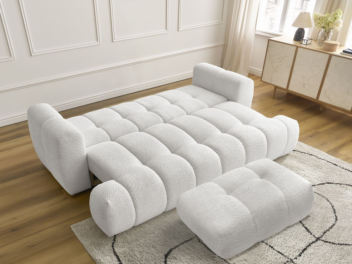 Bobochic Fuji Schlafsofa 3-Sitzer mit Bettkasten und Pouf Bouclé-Stoff Weiß