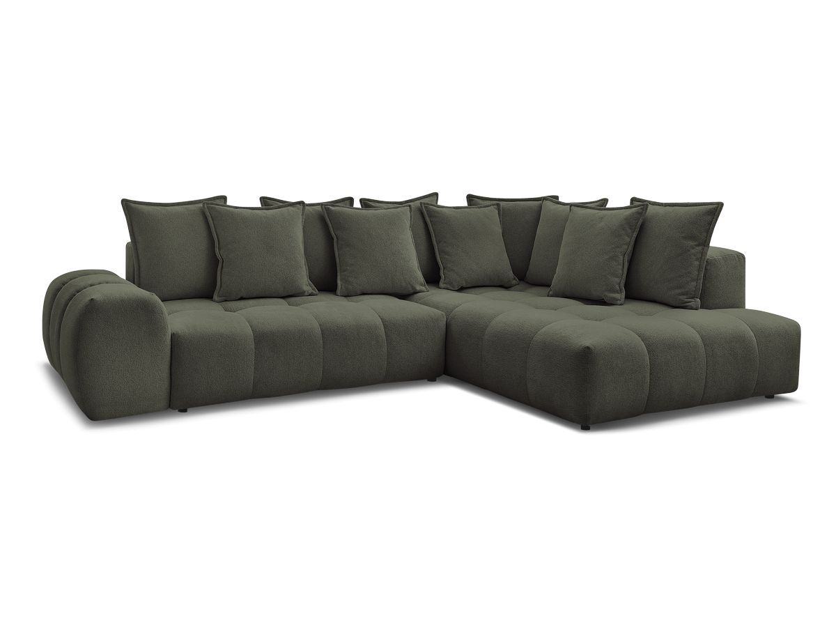 Bobochic Everest Ecksofa mit Schlaffunktion und Bettkasten 320 × 212 cm, 10 Kissen Melange-Stoff Grün Ecke rechts