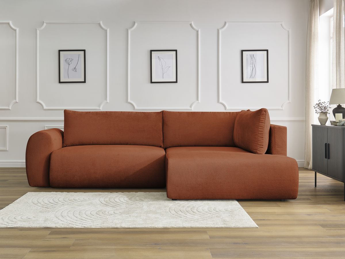 Bobochic Lucien Ecksofa mit Schlaffunktion und Bettkasten 296 × 198 cm Stoff Orange Ecke rechts