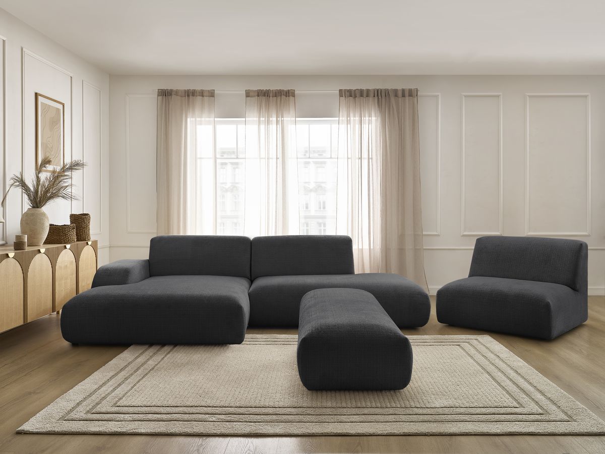 Bobochic Sirius Ecksofa mit Pouf 405 × 170 cm Strukturstoff Schwarz Ecke links