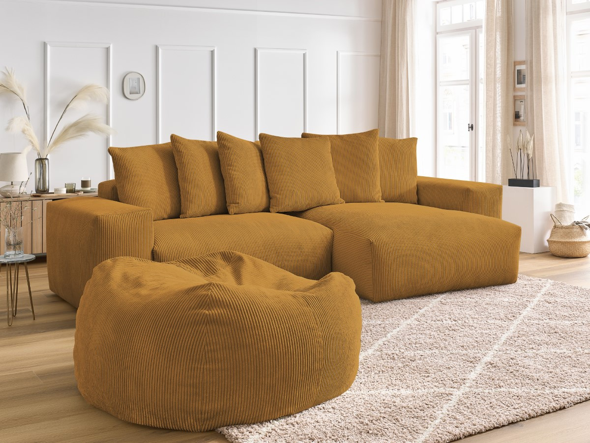 Bobochic Voltaire Ecksofa mit Pouf 310 × 174 cm Cordsamt Gelb