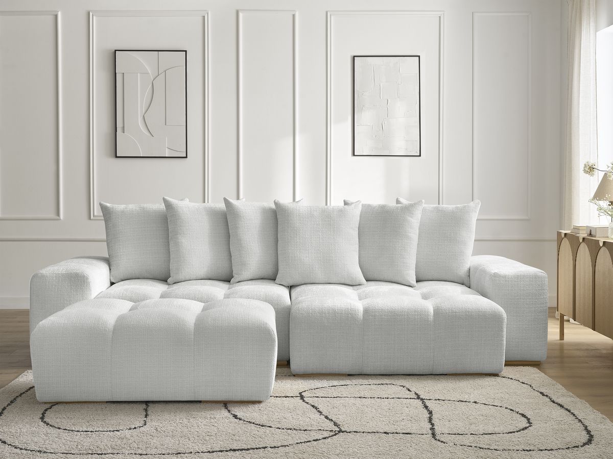 Bobochic Anakin Ecksofa mit Pouf, 6 Kissen Strukturstoff Hellgrau