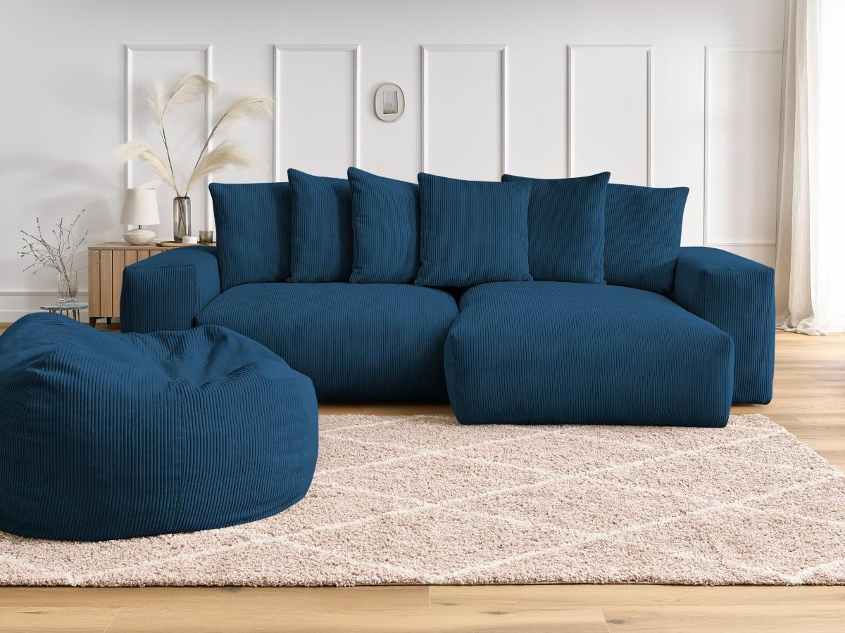 Bobochic Voltaire Ecksofa mit Pouf 310 × 174 cm Cordsamt Dunkelblau