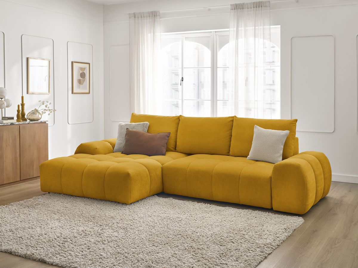 Bobochic Everest Ecksofa mit Schlaffunktion und Bettkasten 318 × 180 cm, 3 Kissen Strukturstoff Gelb Ecke links
