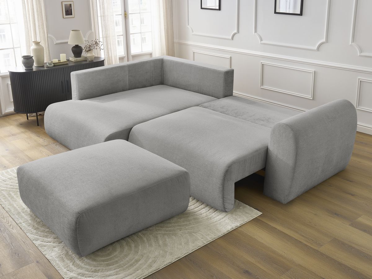 Bobochic Lucien Ecksofa mit Schlaffunktion und Bettkasten und Pouf 296 × 198 cm Stoff Hellgrau Ecke links