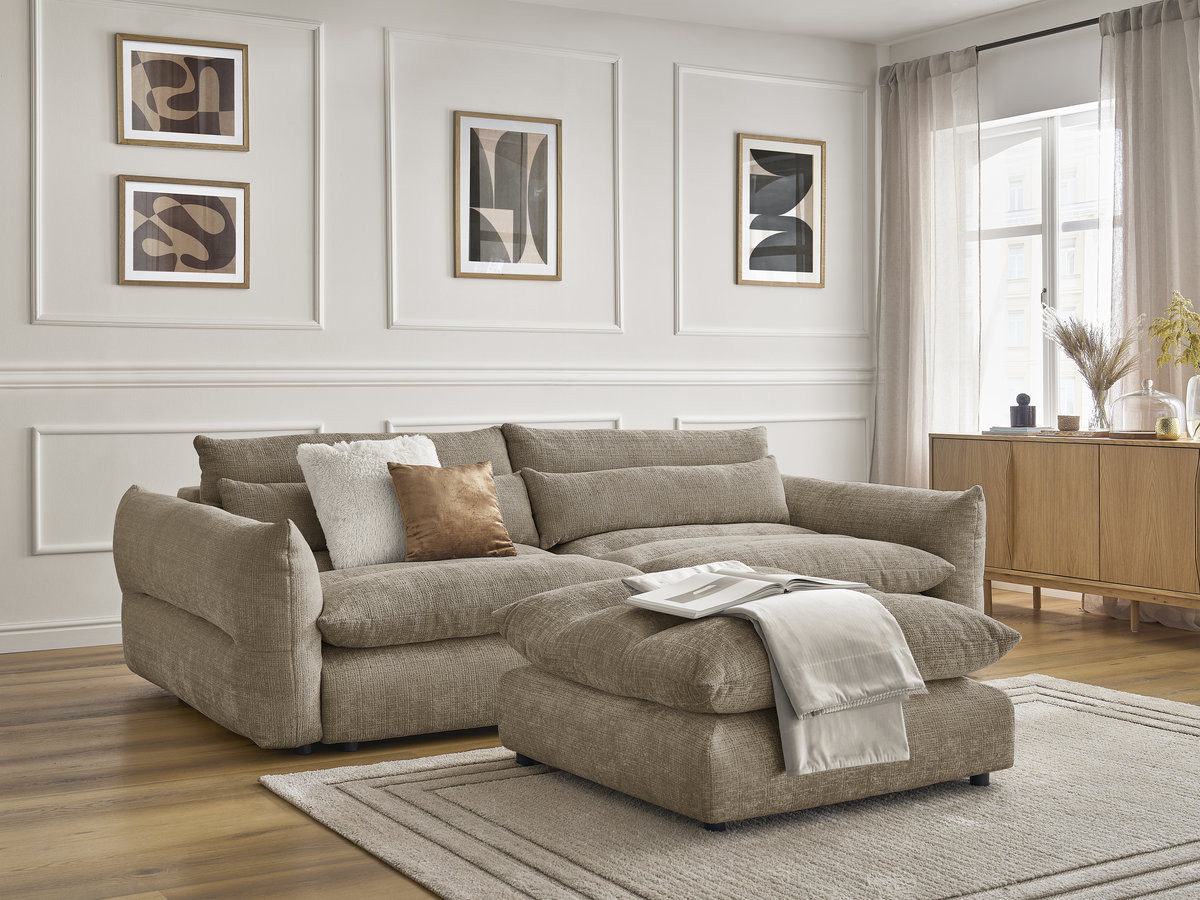 Bobochic Neil Sofa 3-Sitzer mit Pouf Strukturstoff Taupe