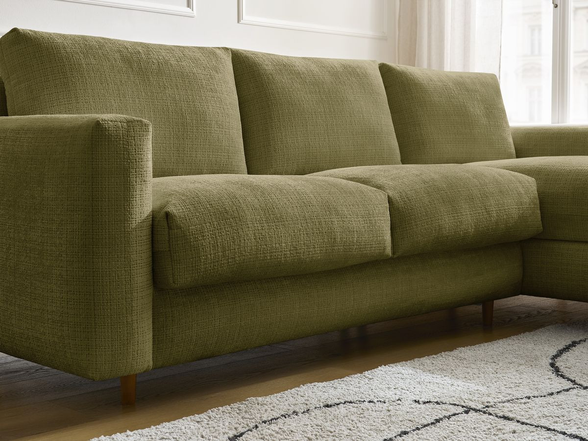 Bobochic Cocoone Ecksofa mit Schlaffunktion und Bettkasten Strukturstoff Grün, Liegefläche 140 × 200 cm