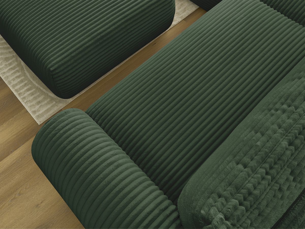 Bobochic Lucien Ecksofa mit Schlaffunktion und Bettkasten und Pouf 314 × 167 cm Breitcord weich Grün Ecke links