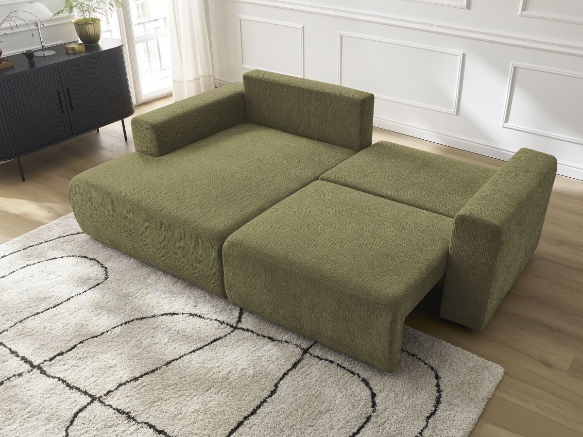 Bobochic Atilla Ecksofa mit Schlaffunktion und Bettkasten Strukturstoff Grün Ecke links