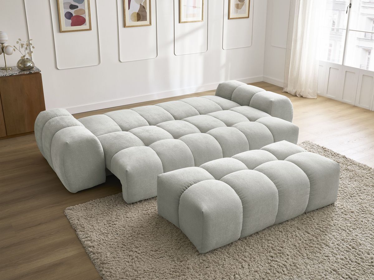 Bobochic Everest Schlafsofa 3-Sitzer mit Bettkasten und Pouf, 5 Kissen Strukturstoff Hellgrau