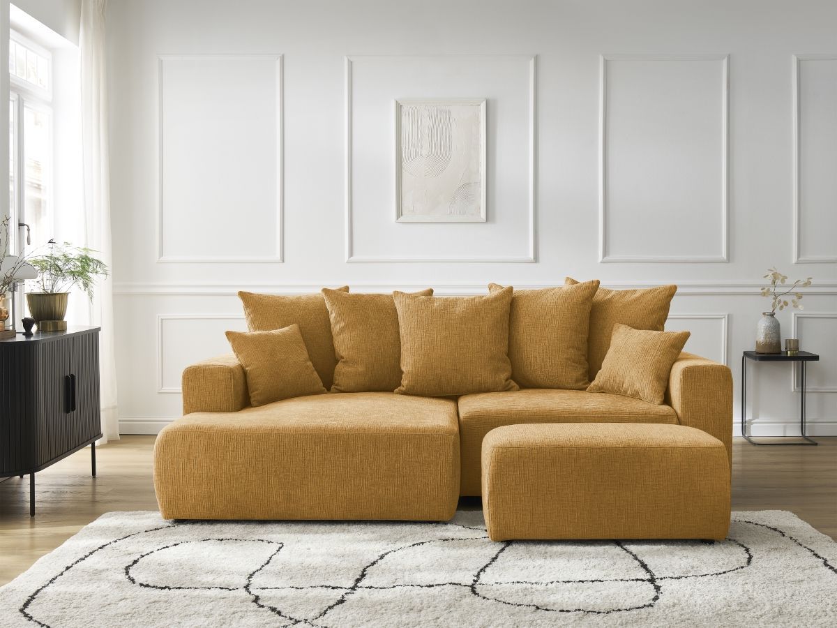 Bobochic Atilla Ecksofa mit Schlaffunktion und Bettkasten und Pouf Strukturstoff Gelb Ecke links