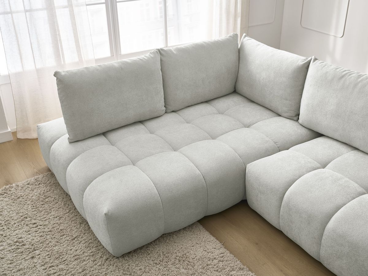 Bobochic Everest Ecksofa mit Schlaffunktion und Bettkasten 320 × 212 cm, 5 Kissen Strukturstoff Hellgrau Ecke links