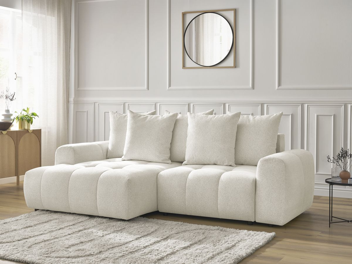 Bobochic Roxelane Ecksofa mit Schlaffunktion und Bettkasten 258 × 150 cm Melange-Stoff Weiß Ecke links