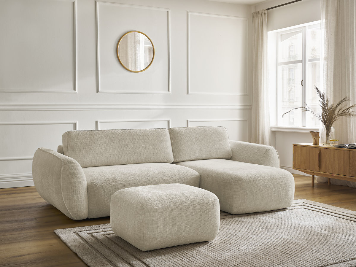 Bobochic Denise Ecksofa mit Schlaffunktion und Bettkasten und Pouf 258 × 160 cm Strukturstoff Beige Ecke rechts