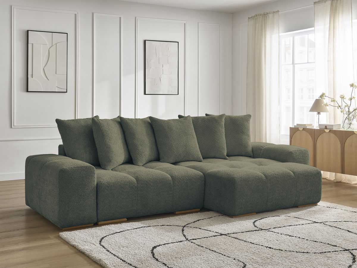 Bobochic Anakin Ecksofa, 6 Kissen Bouclé-Stoff Grün