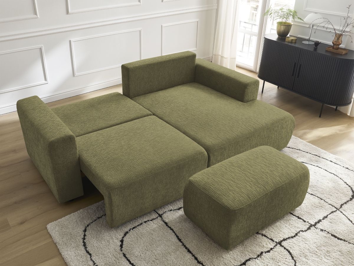 Bobochic Atilla Ecksofa mit Schlaffunktion und Bettkasten und Pouf Strukturstoff Grün Ecke rechts