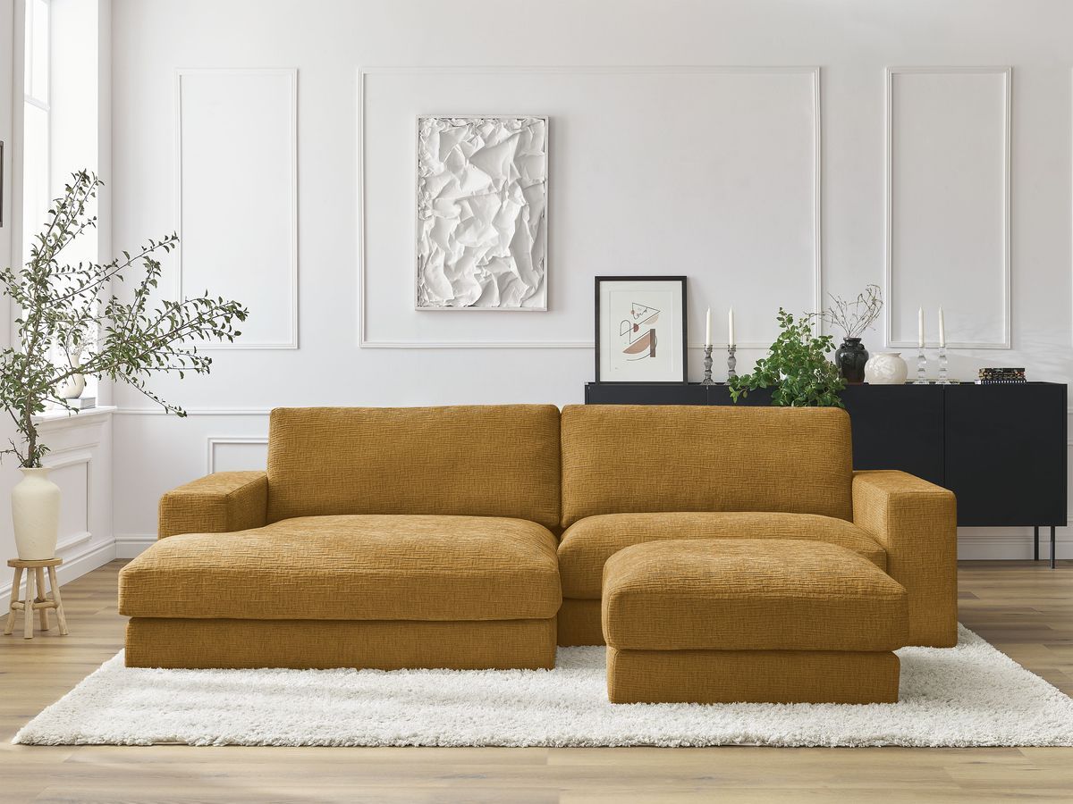 Bobochic Leonard Ecksofa mit Pouf 274 × 159 cm Strukturstoff Gelb Ecke links