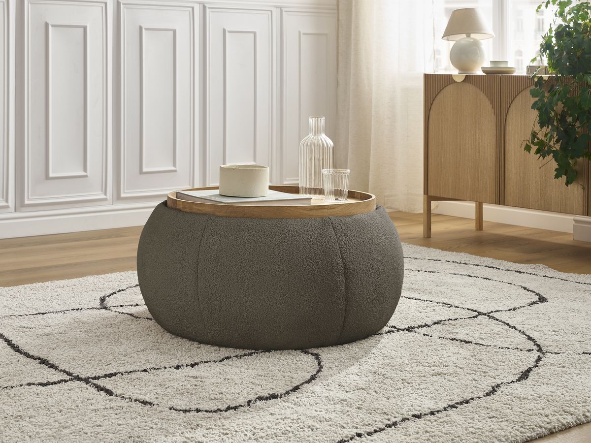 Bobochic Hayden Pouf mit Tablett, rund Bouclé-Stoff Braun, 77 cm
