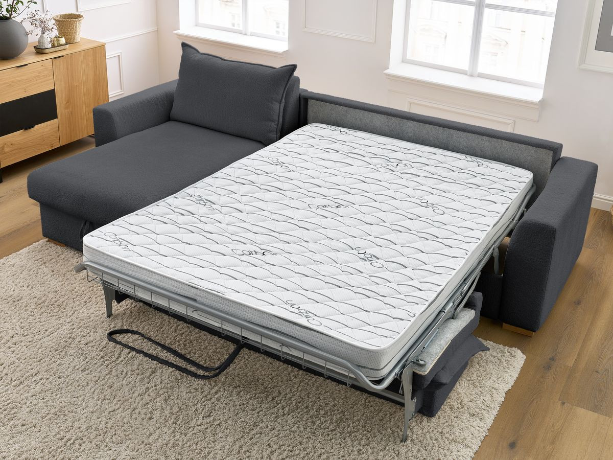Bobochic Augustin Ecksofa mit Schlaffunktion und Bettkasten Bouclé-Stoff Dunkelgrau, Liegefläche 160 × 200 cm