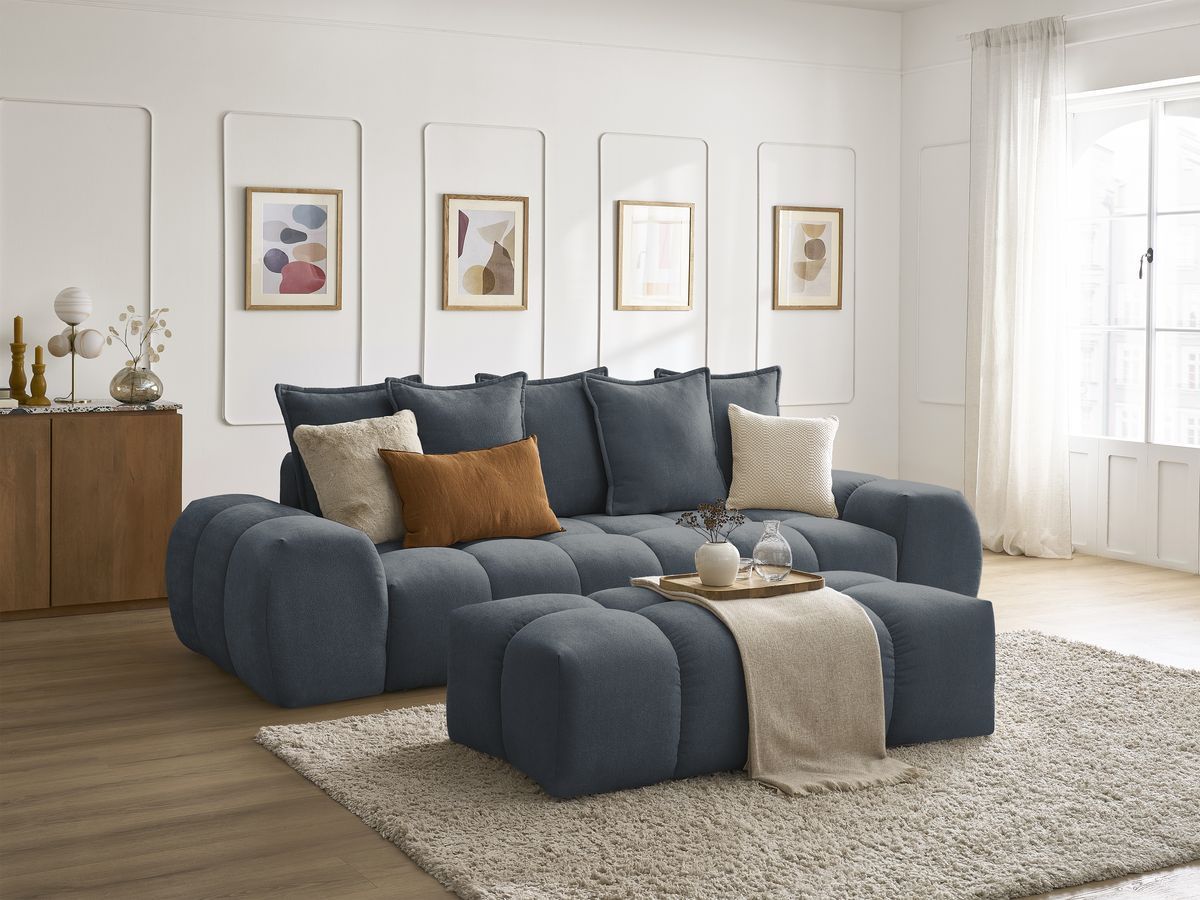 Bobochic Everest Sofa 3-Sitzer mit Pouf, 5 Kissen Strukturstoff Dunkelblau